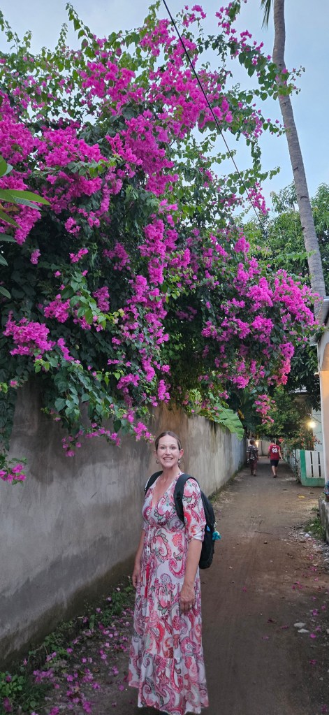 A woman in a patterned dress standing on a path surrounded by vibrant pink bougainvillea flowers, with a faint view of people walking in the background.