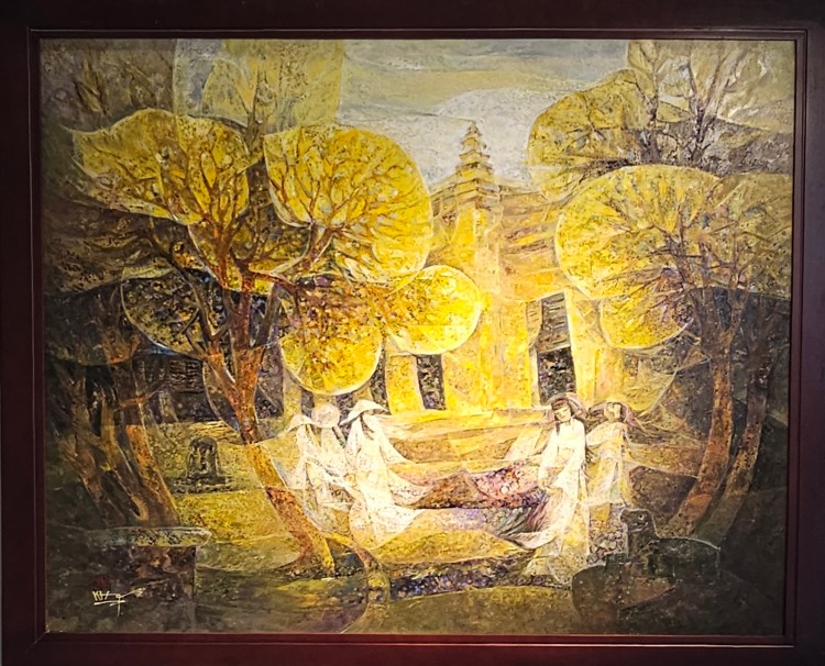 A vibrant, abstract painting depicting three figures dressed in white, surrounded by golden trees and soft yellow light, with a structure resembling a pagoda in the background.