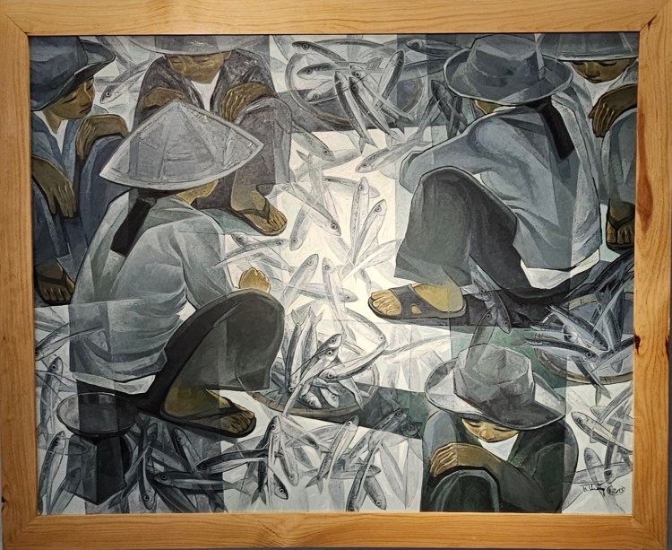 A painting depicting several individuals wearing traditional hats and clothing, sitting and surrounded by fish, with a muted color palette emphasizing shades of gray and blue.