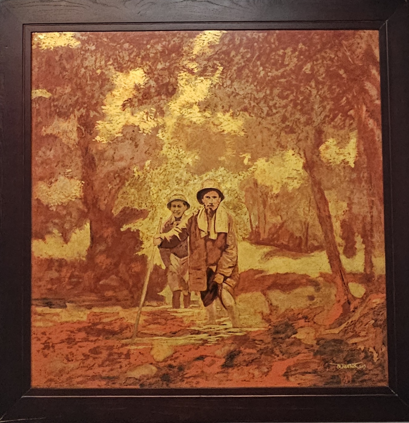 A vintage painting depicting two fishermen standing in shallow water surrounded by trees, rendered in warm, earthy tones.