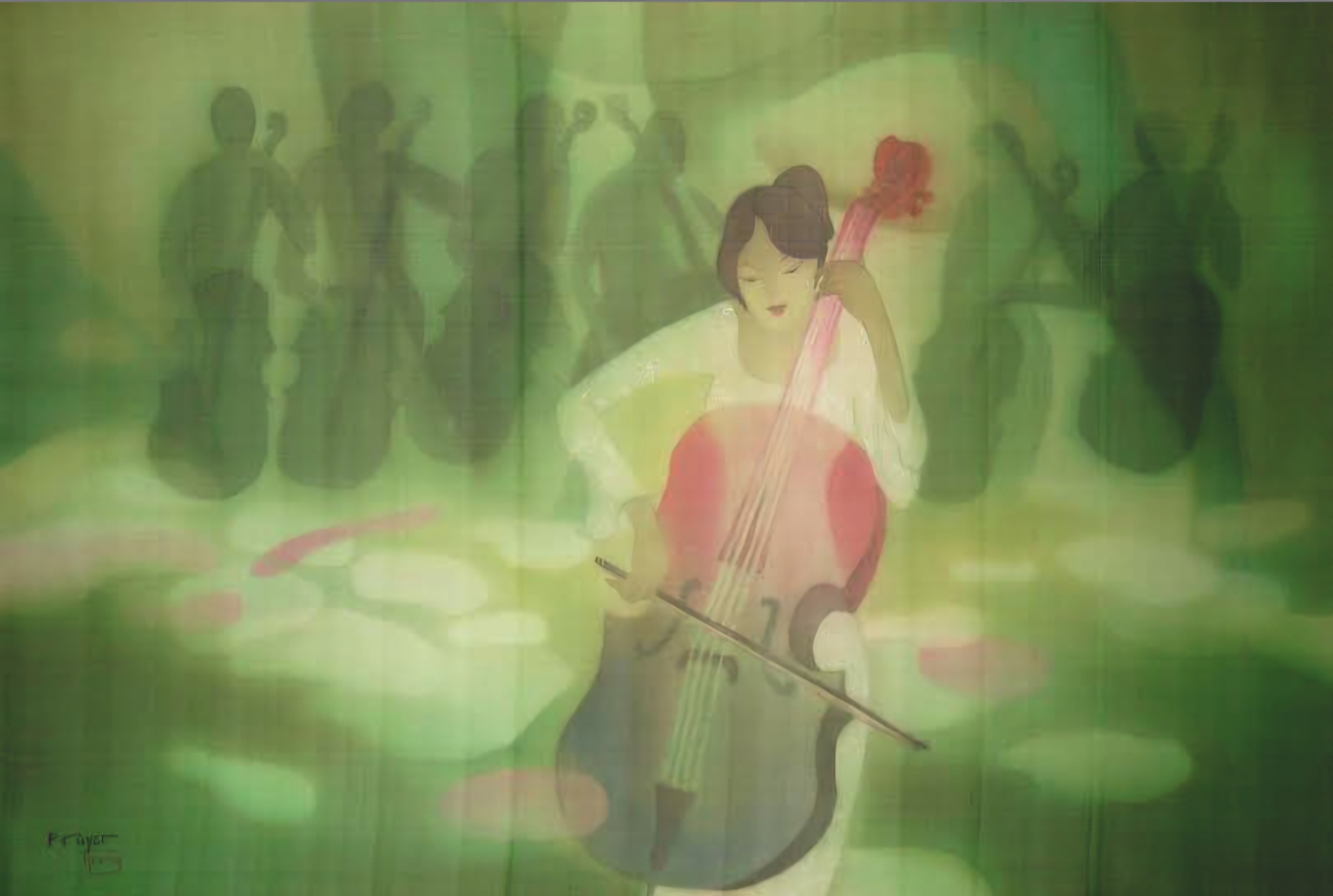 A woman playing a cello with a soft green background, surrounded by shadowy figures of musicians in the backdrop.