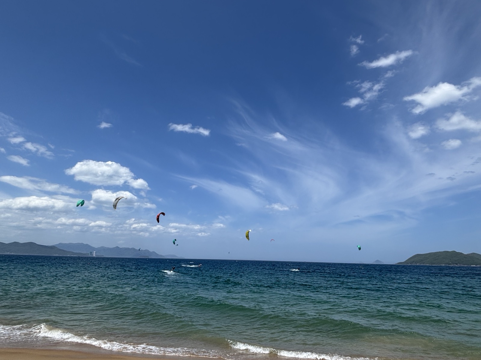 A scenic beach view featuring several colorful kites soaring above the ocean, under a bright blue sky with fluffy clouds.