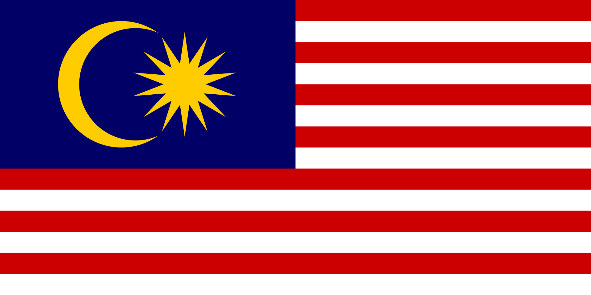 Flag of Malaysia featuring red and white stripes with a blue rectangle containing a yellow crescent and a yellow star.