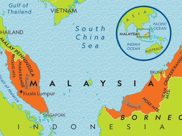 Map of Malaysia highlighting the Malay Peninsula and Borneo, with surrounding countries including Indonesia, Thailand, and Vietnam, and features like Kuala Lumpur and mountain ranges.