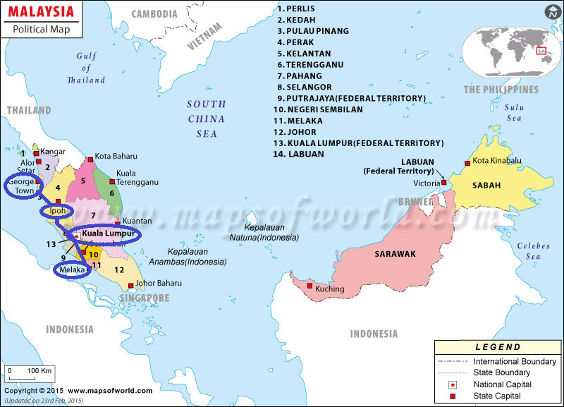 Political map of Malaysia showing states and federal territories, including labeled regions such as Kuala Lumpur, Sarawak, and Sabah.